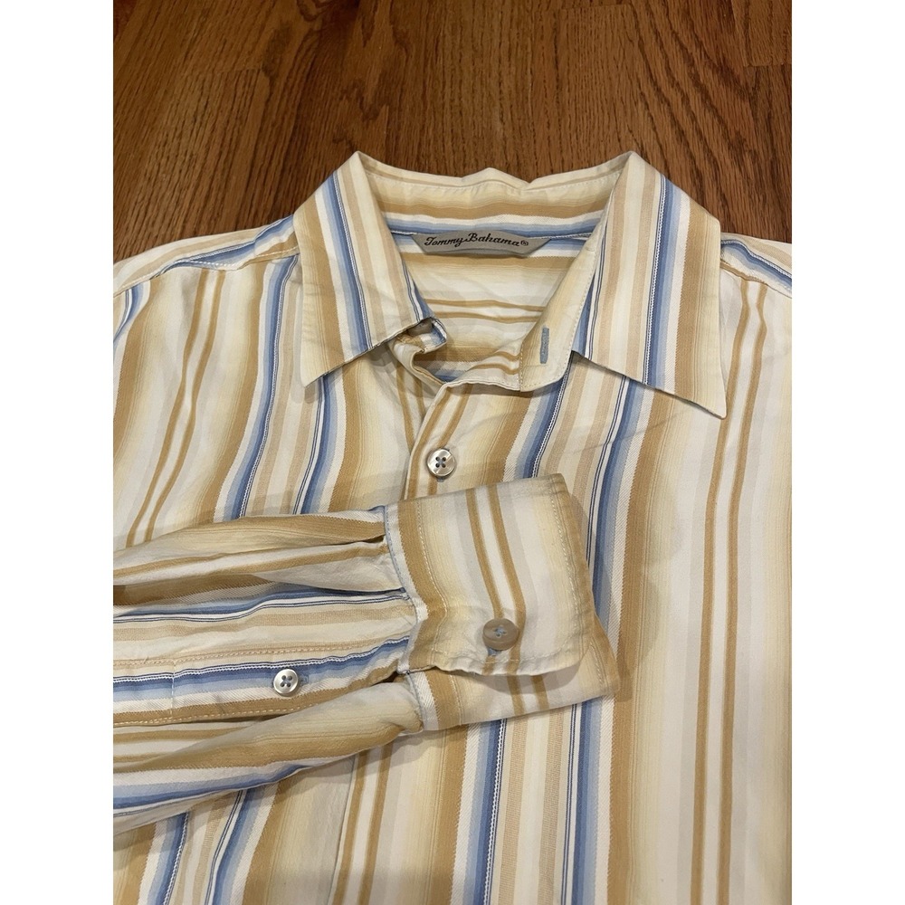 Tommy Bahama Men's 100% Silk Yellow Blue Striped Long Sleeve Shirt Size Medium